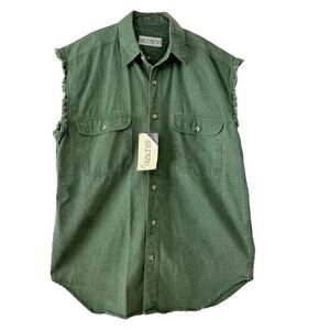 NWT 100% Cotton Foliage Green Sleeveless Frayed Arm Button Down Shirt Sze Medium